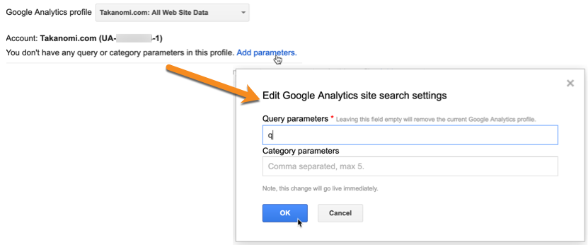 Add query parameters to your Google Analytics site search settings