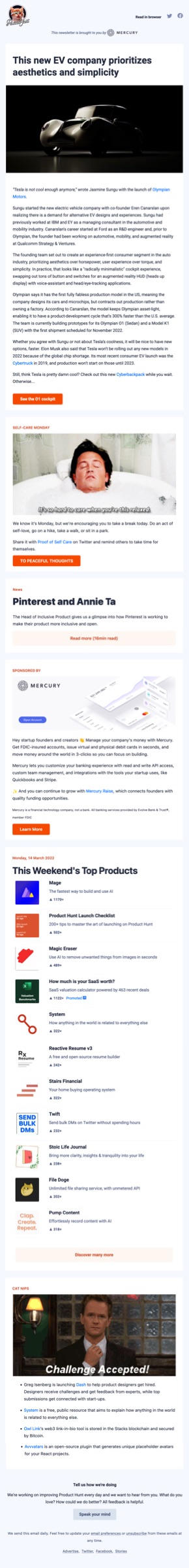 The ProductHunt newsletter - click to view larger version