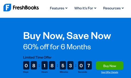Button CTA example with a timer from Freshbooks