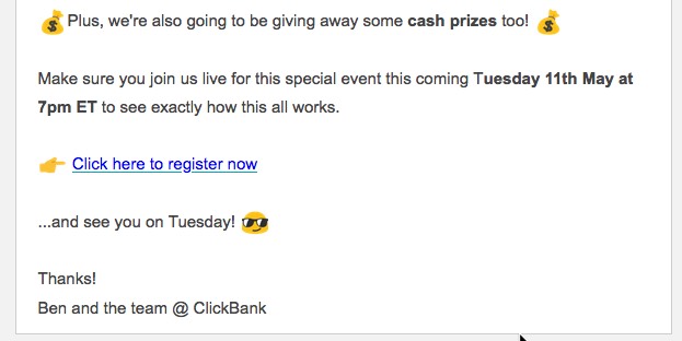 Email call to action example from Clickbank