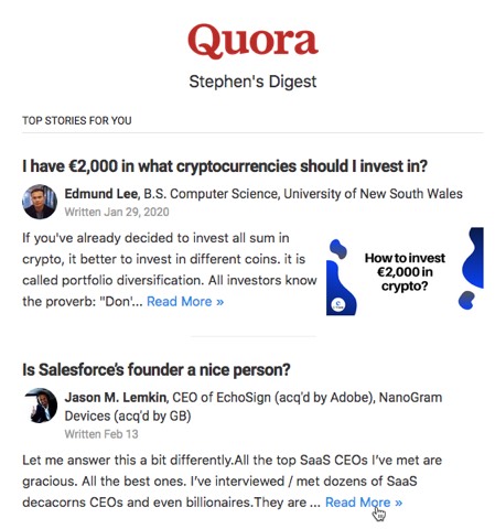 Email CTA example—Read more—Quora