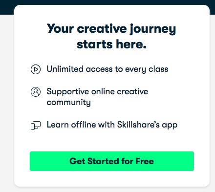 Get Started for Free—button CTA example from SkillShare.com