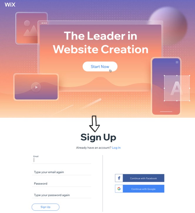 Landing page call to action example from Wix
