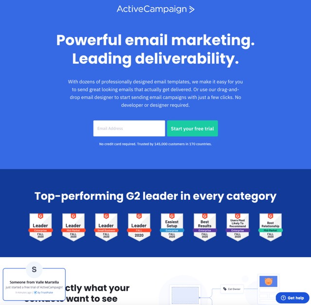 Landing page CTA example from ActiveCampaign