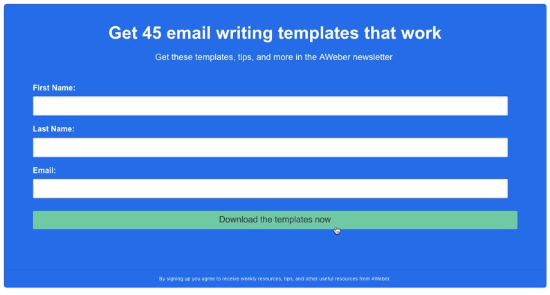Newsletter signup call to action from AWeber