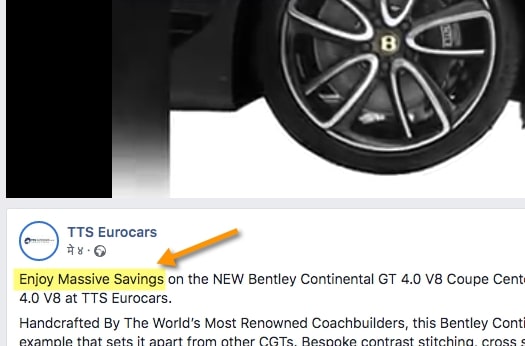 The ‘Enjoy Massive Savings’ CTA used in a post on Facebook