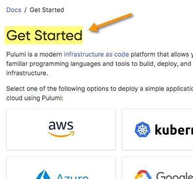 Get Started is an effective call to action phrase, used here by Pulumi