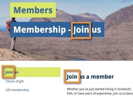 Multiple uses of the effective ‘join’ CTA phrase from Mountaineering Scotland