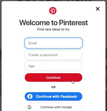 Pinterest uses the phrase Continue as a call to action phrase on the button
