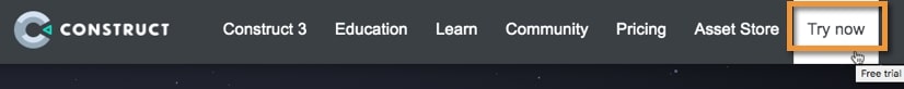 The Try Now call to action phrase as used by Construct.net