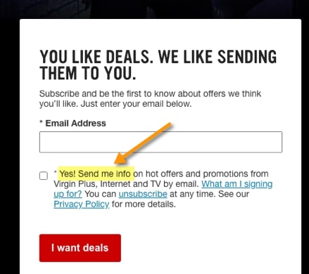 The ‘Yes! Send Me X’ call to action phrase, used by Virgin Plus