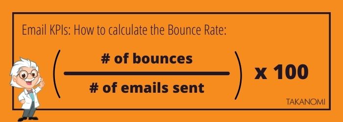 Email KPIs: how to calculate the bounce rate, (number of bounces / number of emails sent) x 100