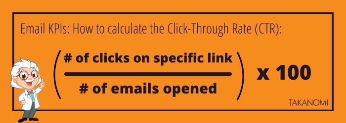 Email KPI metrics: how to calculate the click-through rate, (number of clicks on a specific link / number of emails opened )