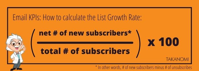 Email KPI metrics: how to calculate the list growth rate, (net number of new subscribers / total number of subscribers) x 100