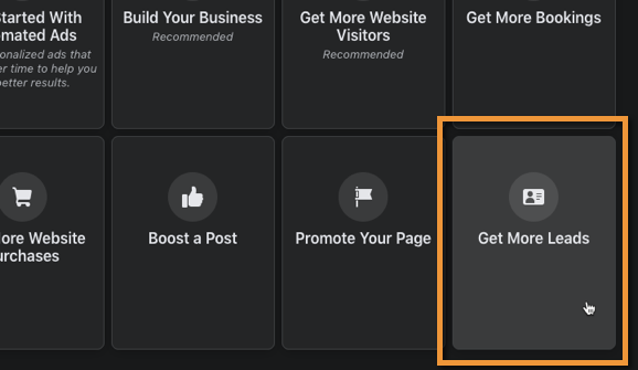 Get More Leads ad option on Facebook