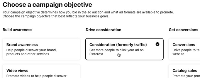 Pinterest ad objective—generate website traffic