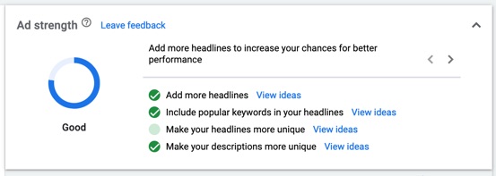 Google will indicate how the performance of your Responsive Search Ad can be improved