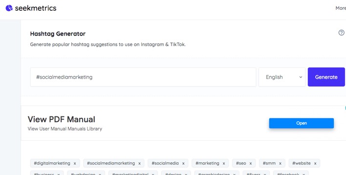 SeekMetrics hashtag suggestion tool