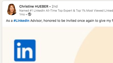 Christine Hueber uses inline hashtags on LinkedIn