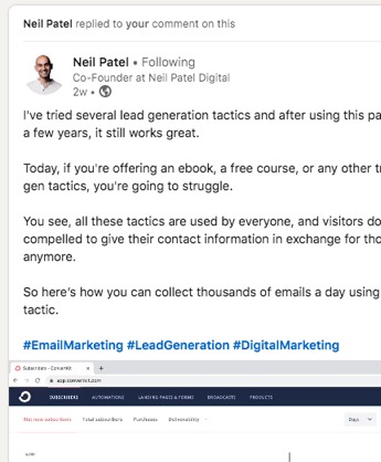 Neil Patel uses a few hashtags on LinkedIn