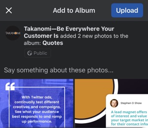 Add the photos to your Facebook Business Page’s album by tapping Upload
