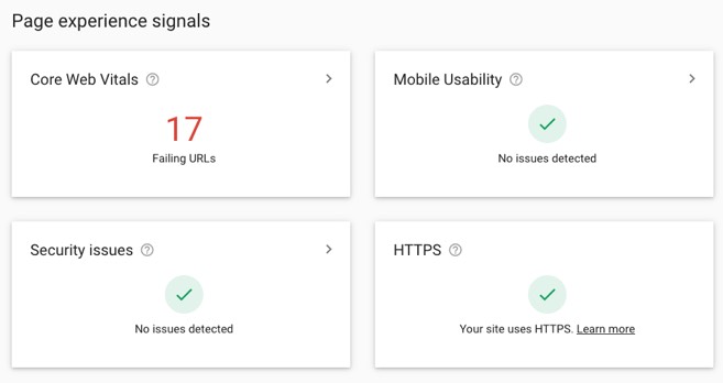 Oldalélmény jelek a Google Search Console-ban