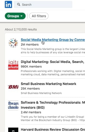Search for relevant groups in LinkedIn