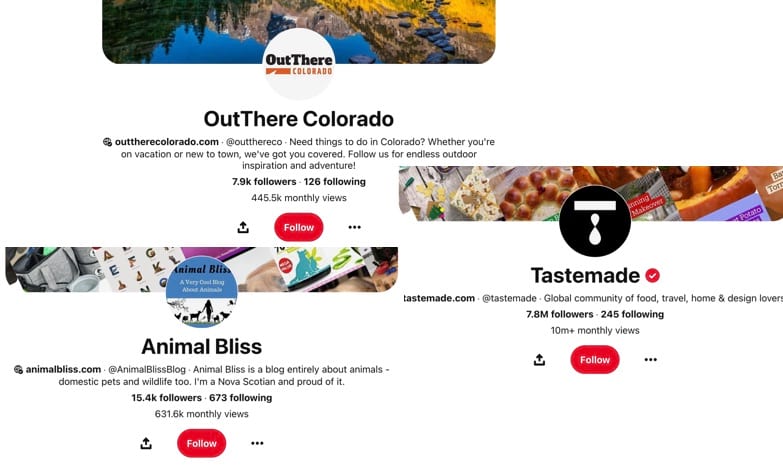 Examples of Pinterest profiles that are optimized to help grow followers