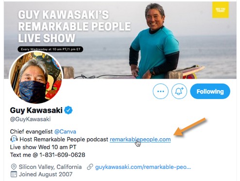 Example of Guy Kawasaki's Twitter profile that features a link in his bio