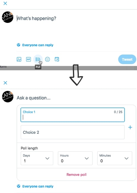 Post a poll on Twitter by clicking the poll icon, and help grow engagement with your posts