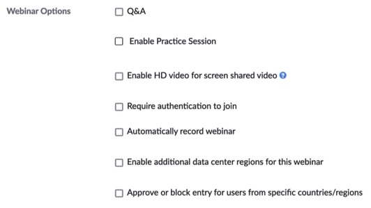 Additional options when setting up a Zoom webinar