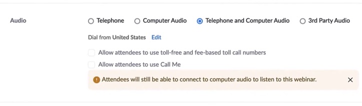 Audio settings for Zoom webinars