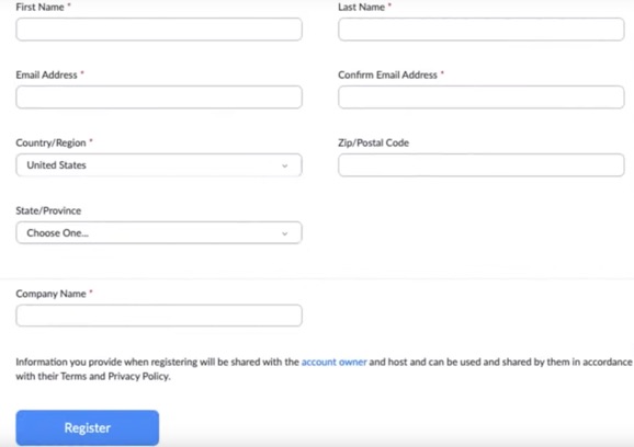 Sample registration page for a Zoom webinar