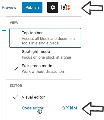 Switch to the code editor in Wordpress