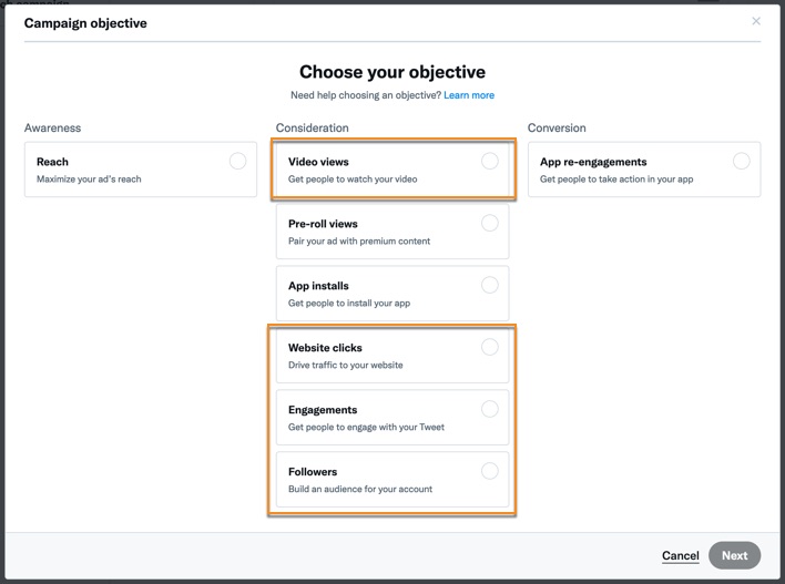 Choose your Twitter ads objective