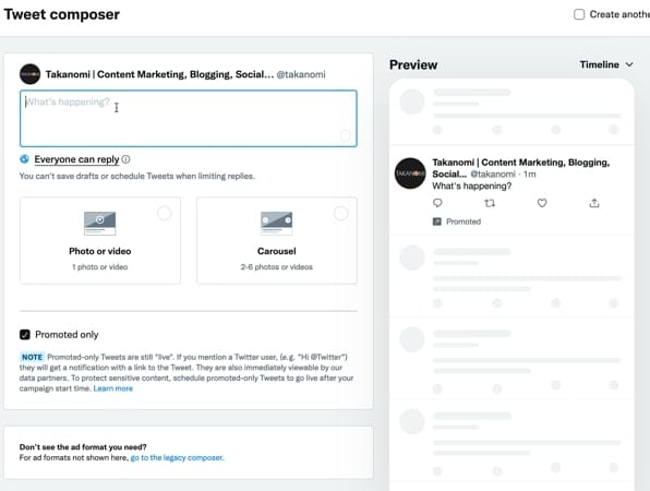 The Tweet composer tool in Twitter ads
