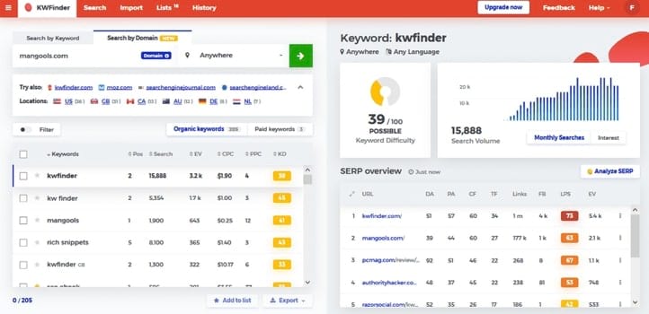 Get in-depth SERP analysis for each keyword from KWFinder