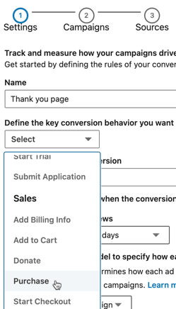 Define key conversion behavior from the LinkedIn pixel