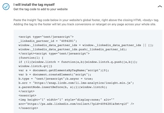 LinkedIn Insight Tag example code you need to add to your website.