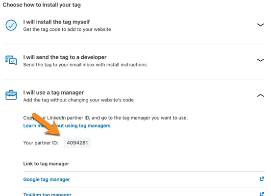 Get your partner ID to install the LinkedIn pixel in Google Tag Manager
