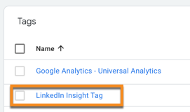 Save your LinkedIn Insight Tag in the list of tags