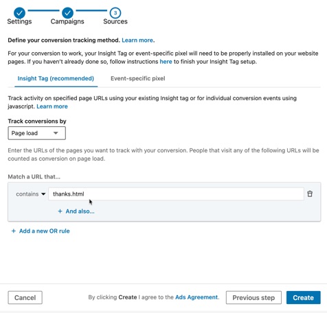 Track conversions using your LinkedIn Insight Tag by providing details of the relevant URL