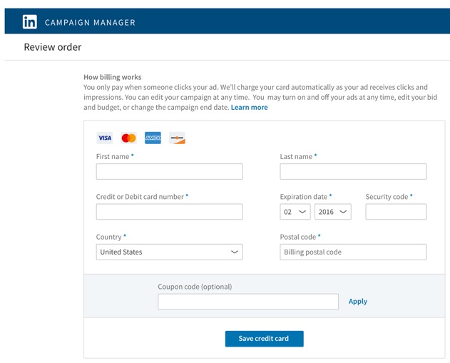 Add your billing info before launching your paid social ads campaign on LinkedIn