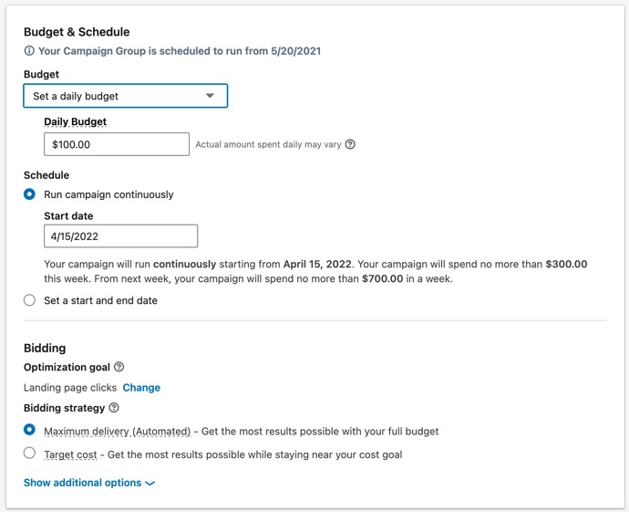 Set the budget and schedule for your LinkedIn ads