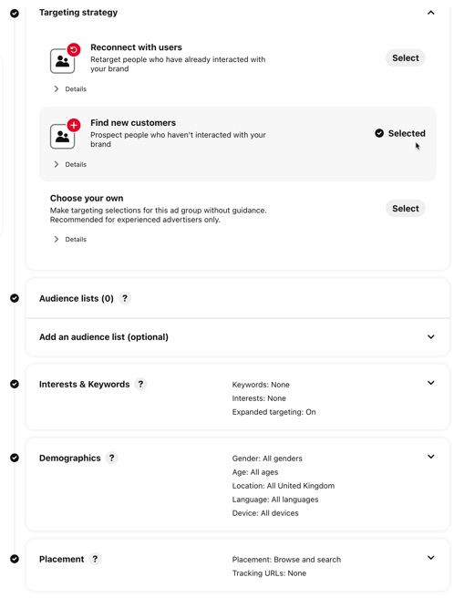 Set targeting details for your Pinterest ad campaign