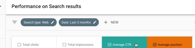 Performance on Search results report—toggle on Average CTR and Average position