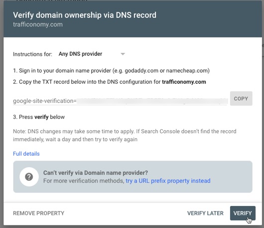 Verify domain ownership for Google Search Consolve via DNS record