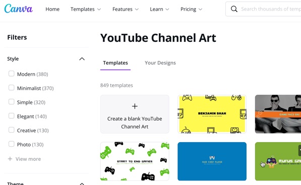 Helping you create a YouTube Channel for business purposes, Canva have over 800 YouTube Channel Art templates available