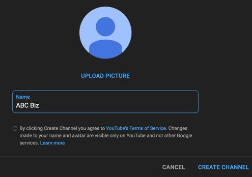 To create a YouTube Channel for business purposes, set up your channel by adding a channel name