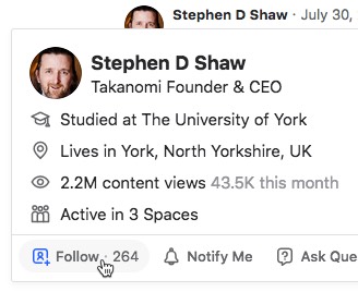Follow people on Quora by hovering over their name and clicking follow